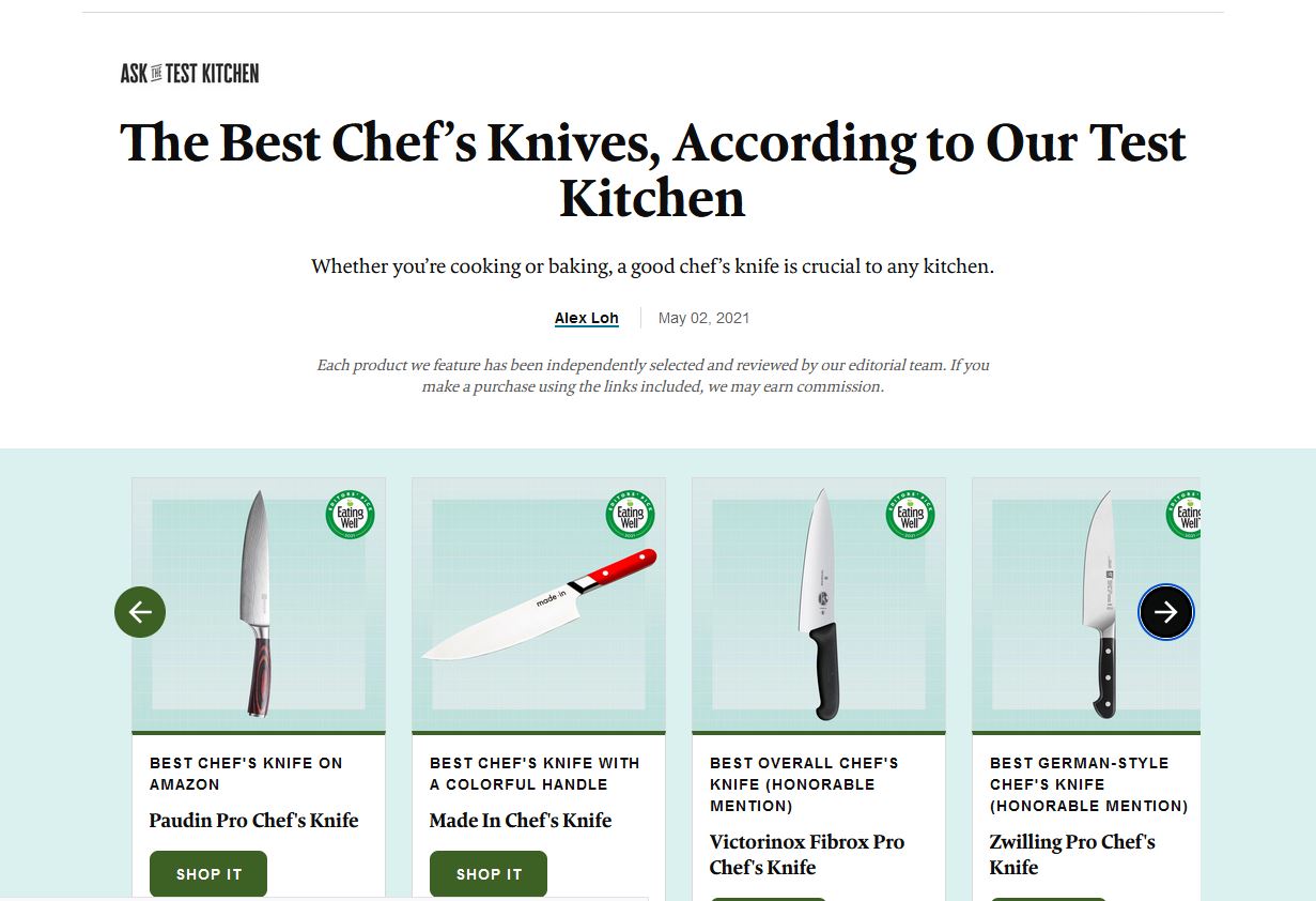 Honored to be featured in "The Best Chef's knives" article by EATINGWELL MAGAZING!