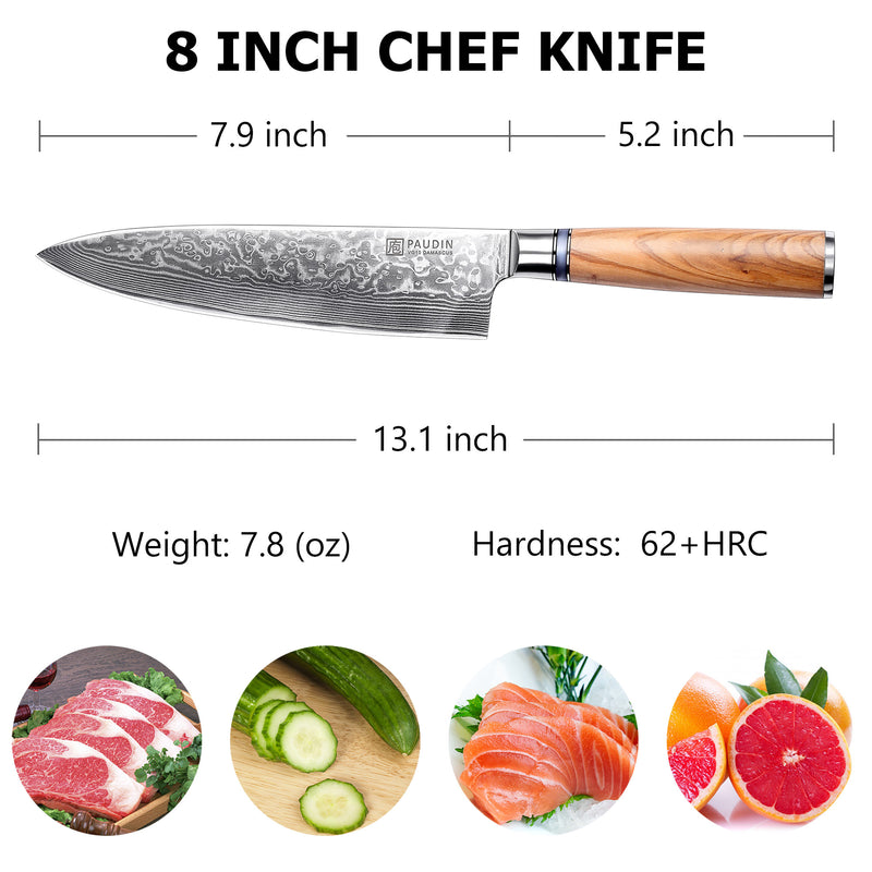 Sorrento Classis 8 Inch Chef Knife Damascus steel with Olive Handle