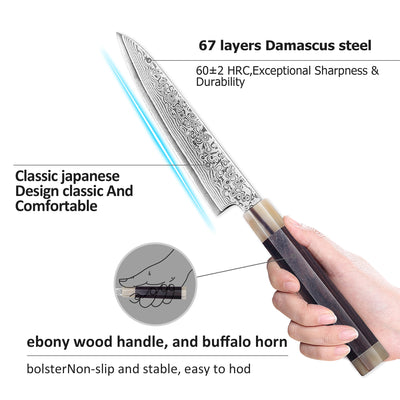 Murasaki Utility knife 5 inch Knife 67 layers of Damascus steel  With Ebony wood Handle knives
