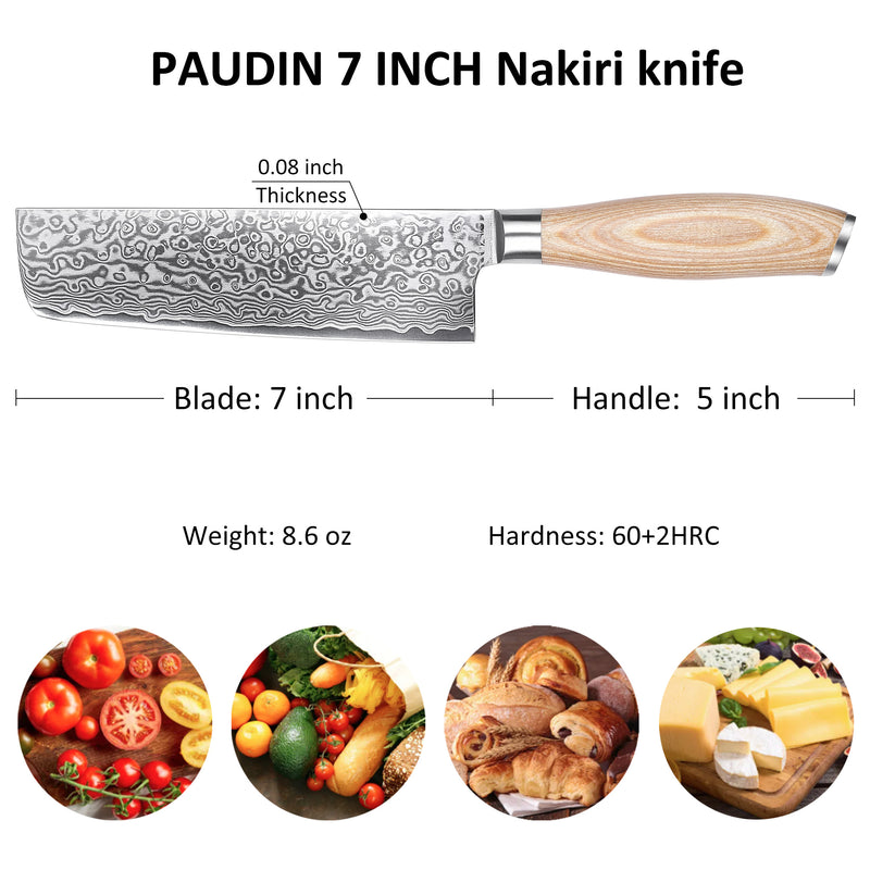 FR4 Precision Kitchen Tools Nakiri Knife 7”  67-Layer 62 HRC Damascus Steel with Pakka Wood Handle for Professional Cooking