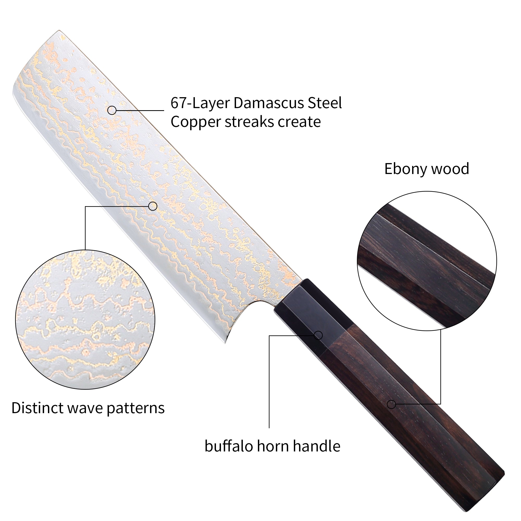Paudin New TC3 Nakiri Knife 7"inch Knife 67 Layers Copper Damascus Steel Sharp Kitchen Santoku Knife Knife Knives High Quality Wooden Ebony Handle