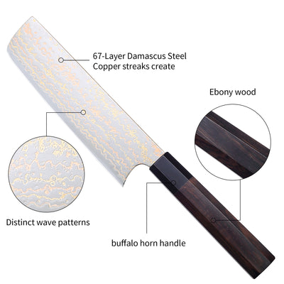 Paudin New TC3 Nakiri Knife 7"inch Knife 67 Layers Copper Damascus Steel Sharp Kitchen Santoku Knife Knife Knives High Quality Wooden Ebony Handle
