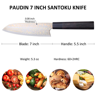 Paudin New TC4 Santoku Knife 7"inch Knife 67 Layers Copper Damascus Steel Sharp Kitchen Santoku Knife Knife Knives High Quality Wooden Ebony Handle