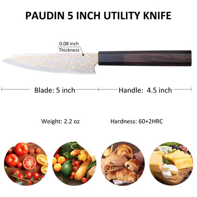Paudin New TC5 Utility Knife 5"inch Knife 67 Layers Copper Damascus Steel Sharp Kitchen Utility Knife Knives High Quality Wooden Ebony Handle