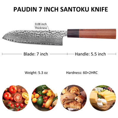 Premium Culbourtia Wood Handle Sharp 67 Layer Damascus Steel 62 HRC  Santoku Knife 7" TL7 kitchen knife