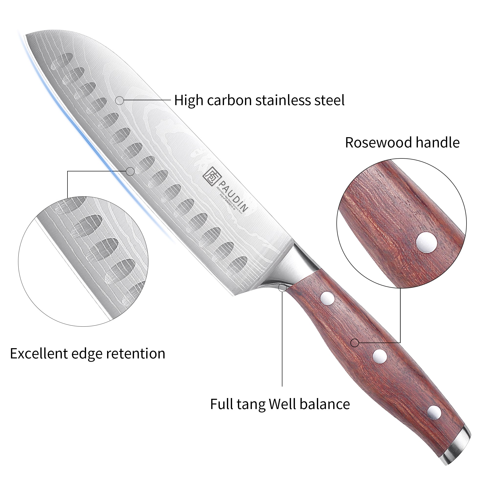 Berlin Santoku Knife 7'' Super Sharp Kitchen Knife With Rose Wood Handle
