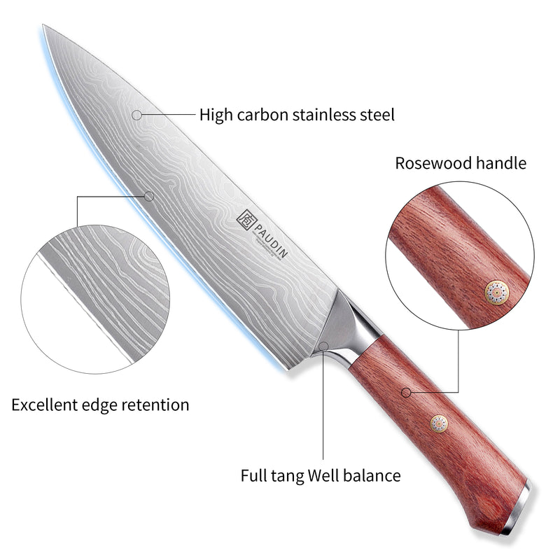 PAUDIN Chef Knife with Sheath- Pro Kitchen Knife 8 Inch Chef's Knives with  High Carbon Stainless Steel, Sharp Knife with Ergonomic Handle for Home
