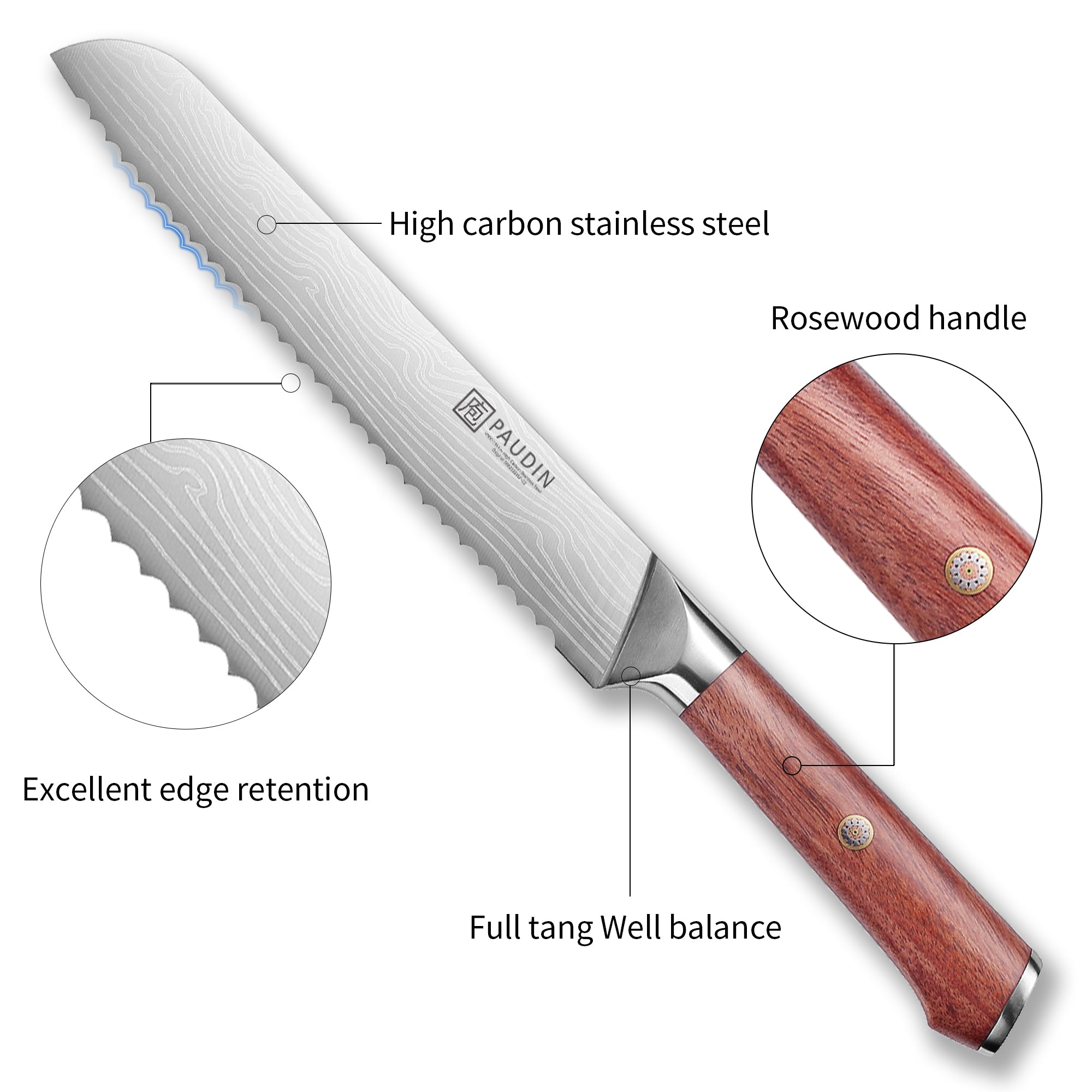 Milanlo Bread Knife 8'' With Rose Wood Handle
