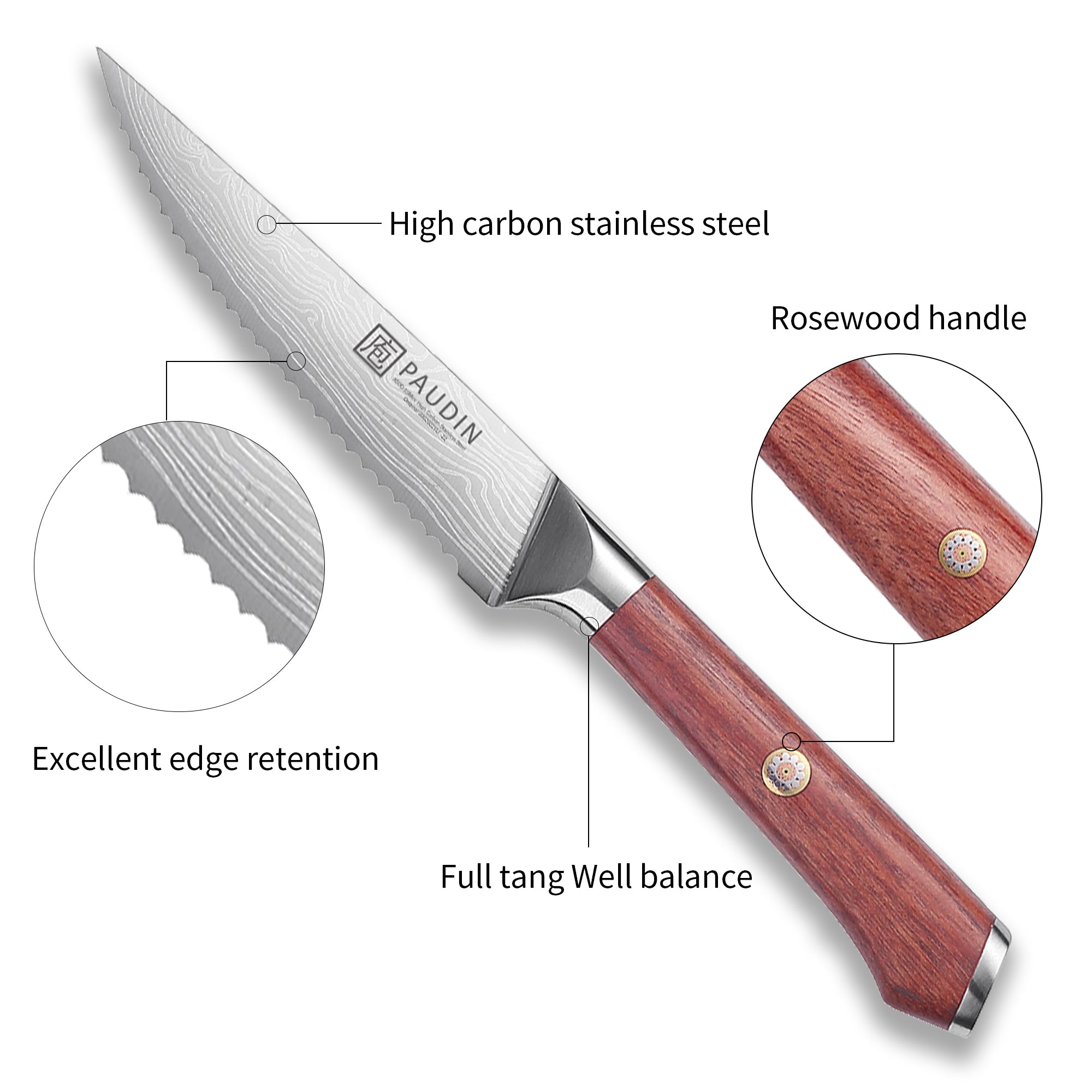 Milanlo Steak Knives Set Of 4Pcs 4.5'' With Rose Wood Handle