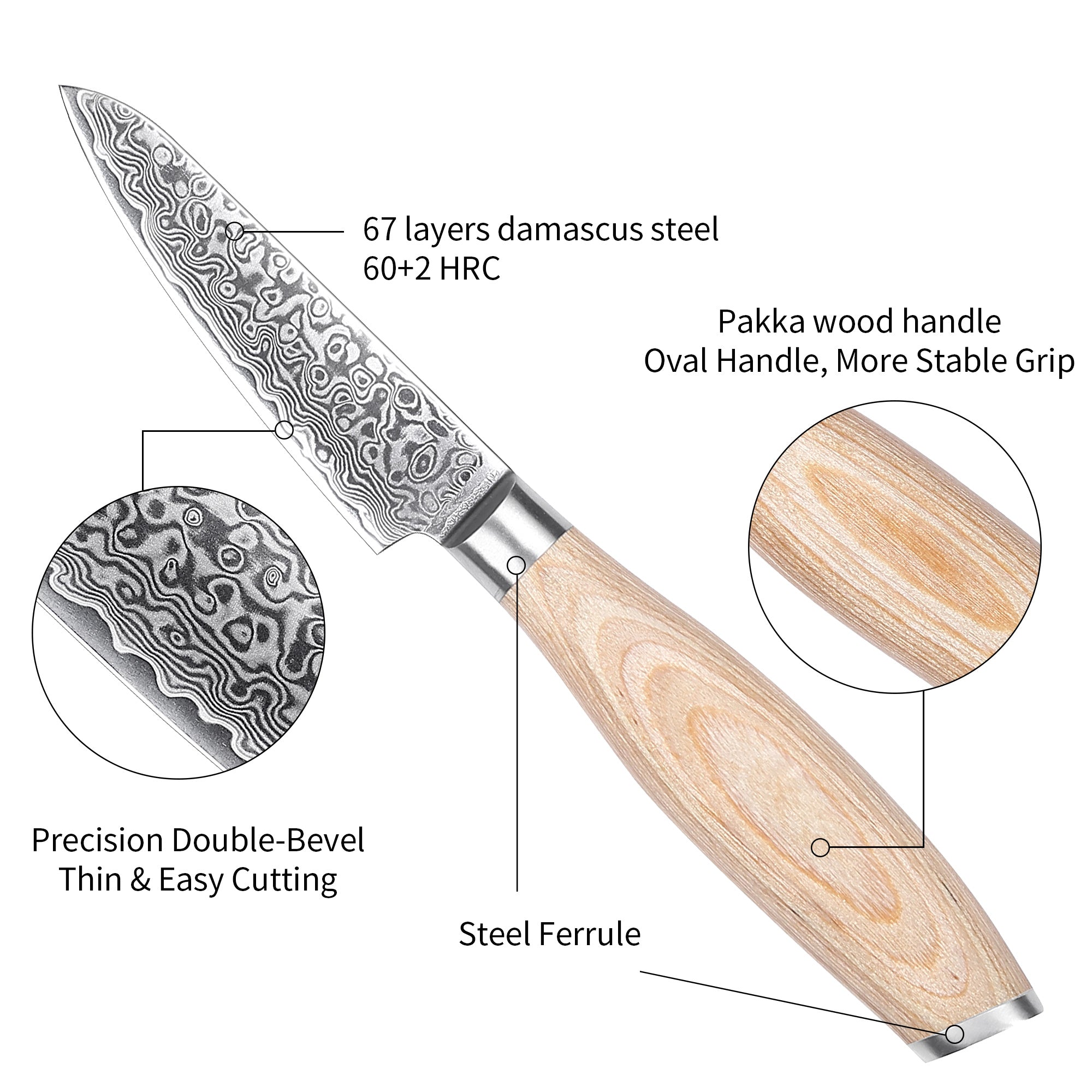 FR6 Precision Kitchen Tools Paring Knife 3.5”  67-Layer 62 HRC Damascus Steel with Pakka Wood Handle for Professional Cooking