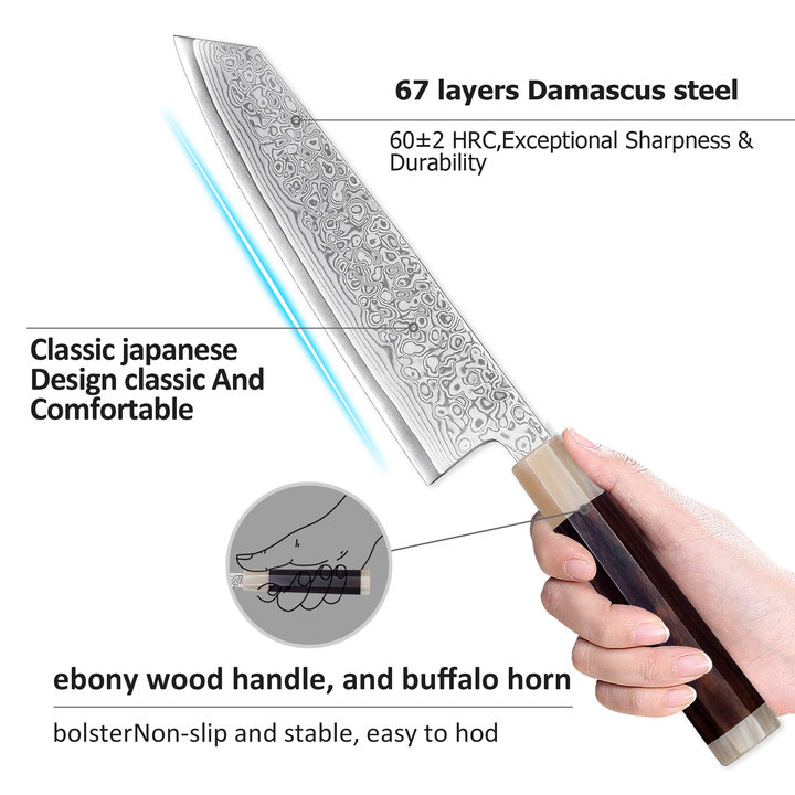 Murasaki Kiri-tsuke Knife 8 inch Knife 67 layers of Damascus steel  With Ebony wood Handle knives