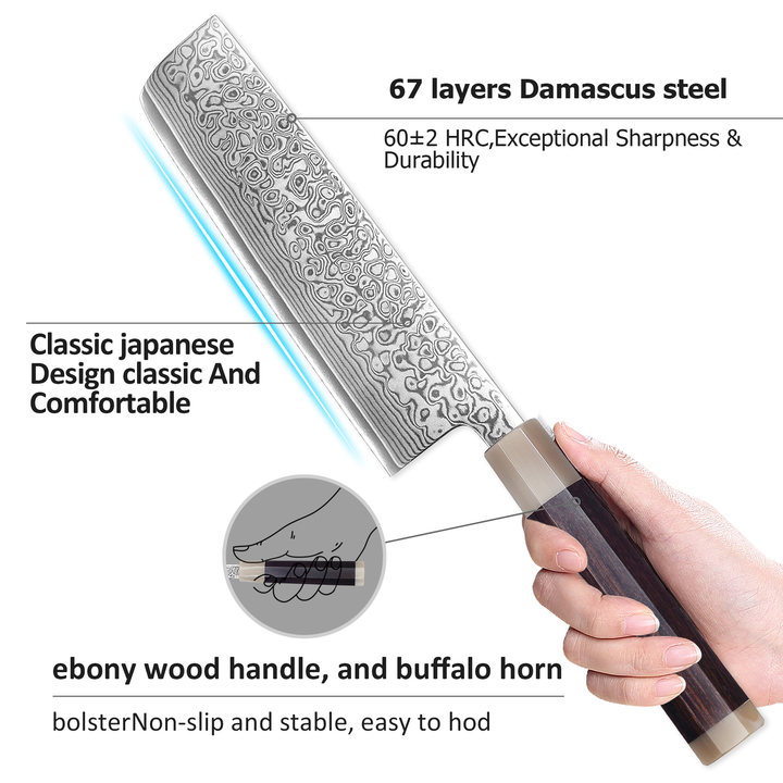 Murasaki Nakiri knife 7 inch Knife 67 layers of Damascus steel  With Ebony wood Handle knives