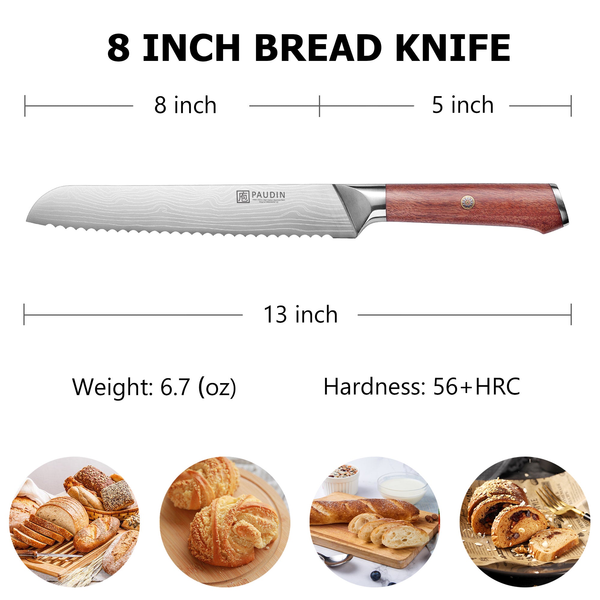 Milanlo Bread Knife 8'' With Rose Wood Handle