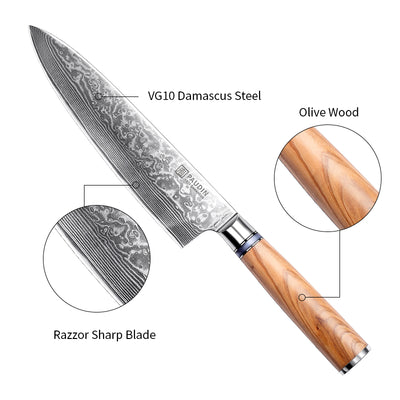 Sorrento Classis 8 Inch Chef Knife Damascus steel with Olive Handle
