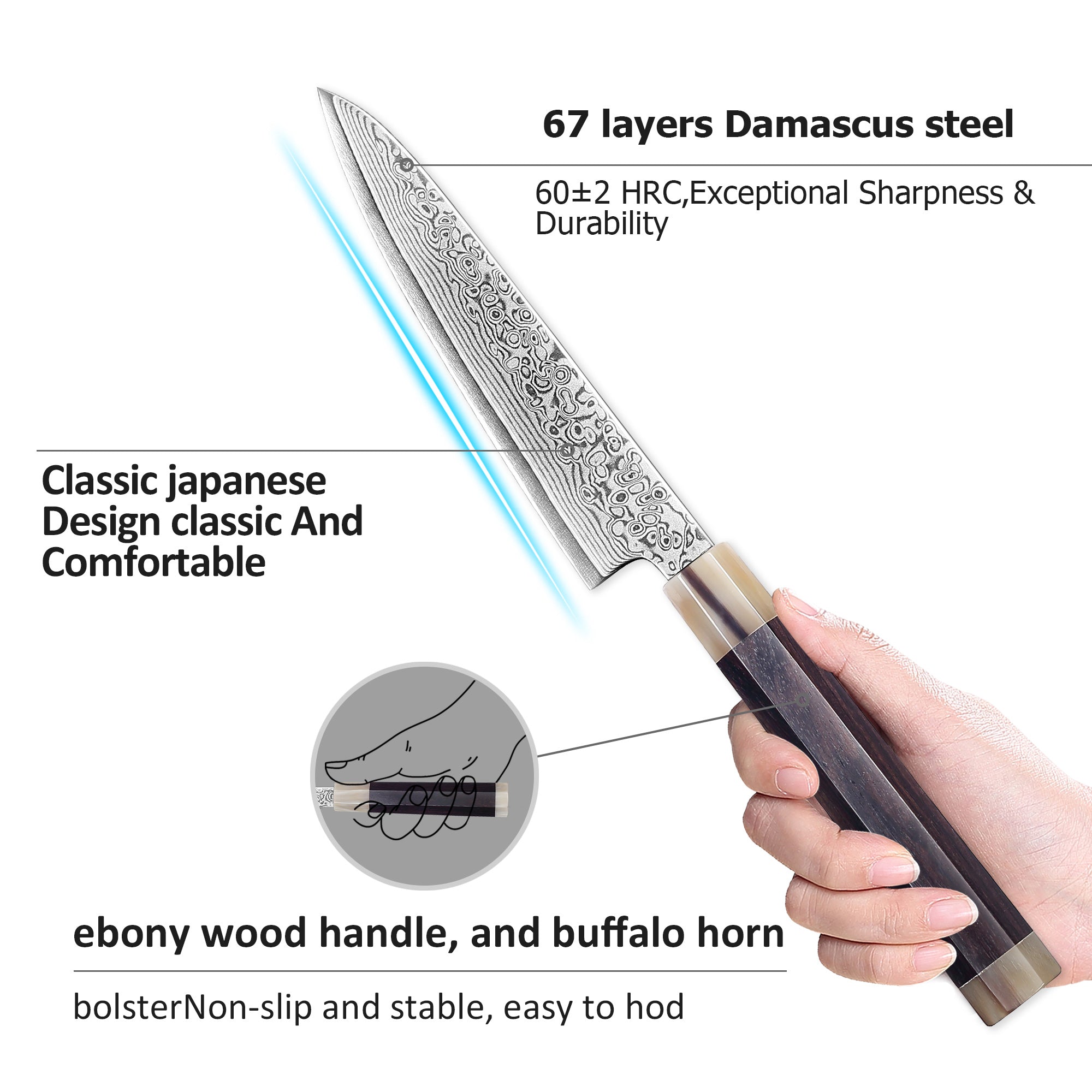 Murasaki Utility knife 5 inch Knife 67 layers of Damascus steel  With Ebony wood Handle knives