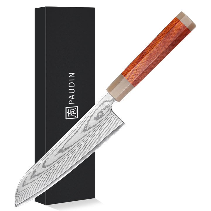 Shiro Santoku knife 7 inch Knife 67 layers of Damascus steel  With Cuibourtia wood Handle