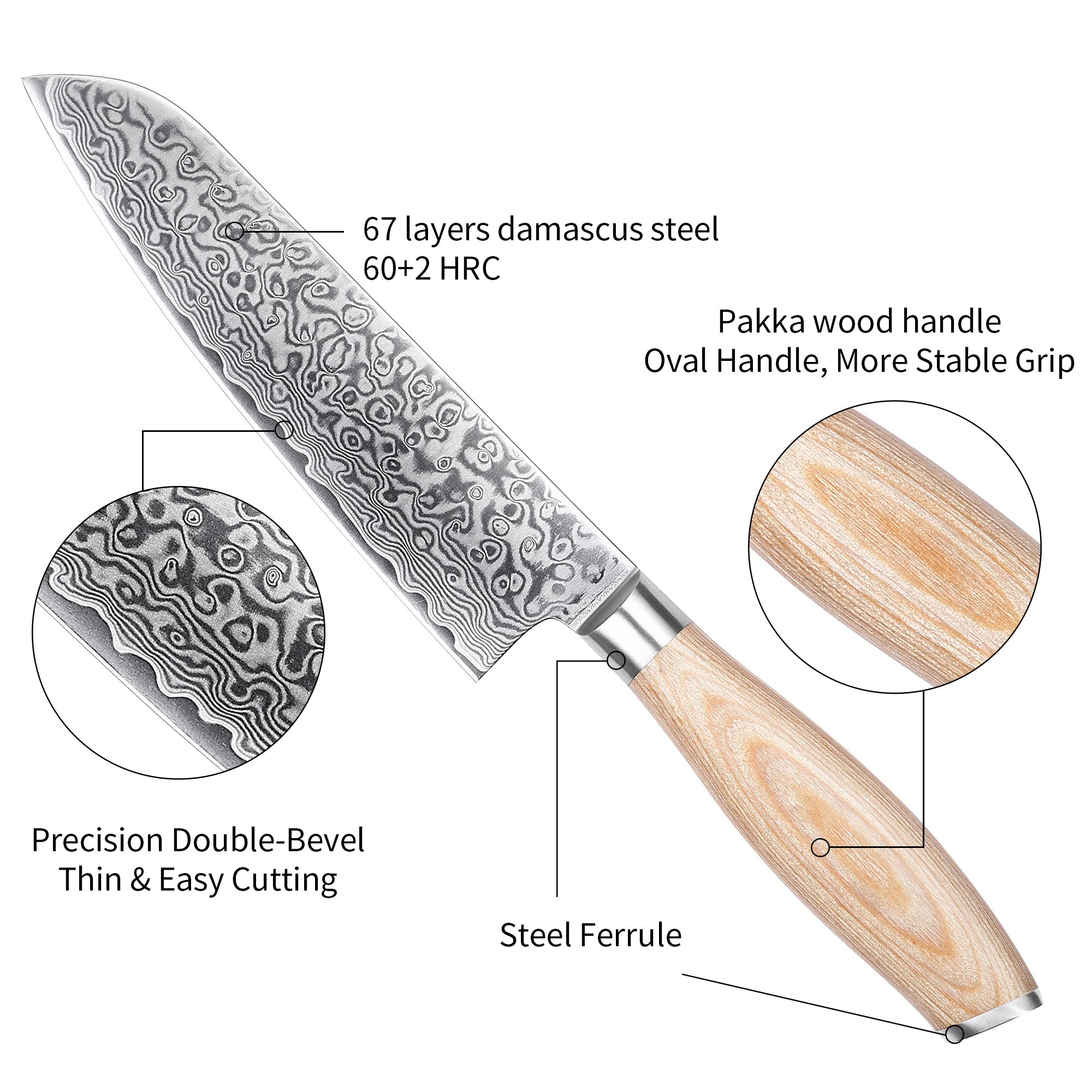 FR3 Precision Kitchen Tools Santoku knife 7"  67-Layer 62 HRC Damascus Steel with Pakka Wood Handle for Professional Cooking