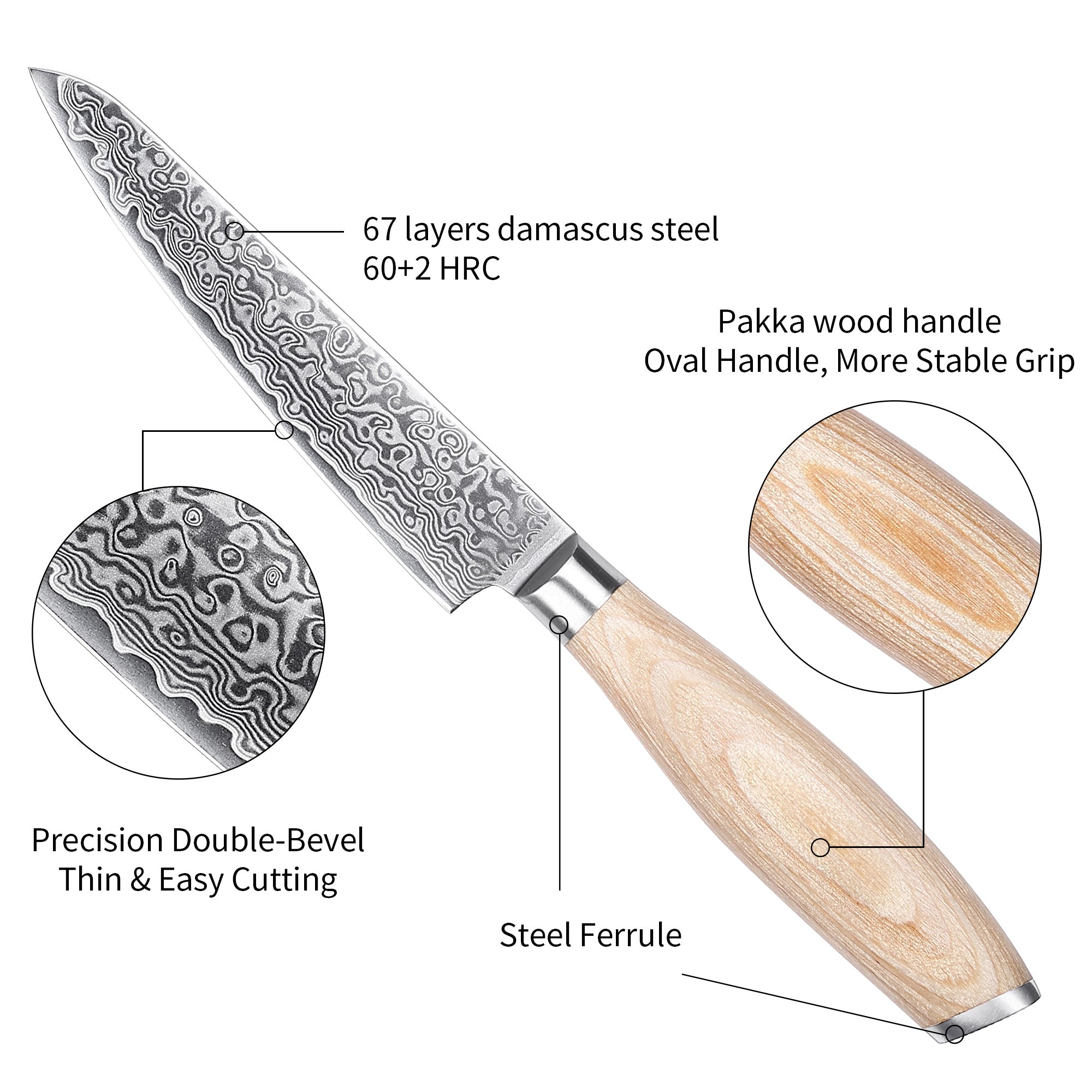 FR5 Precision Kitchen Tools Utility Knife 5”  67-Layer 62 HRC Damascus Steel with Pakka Wood Handle for Professional Cooking