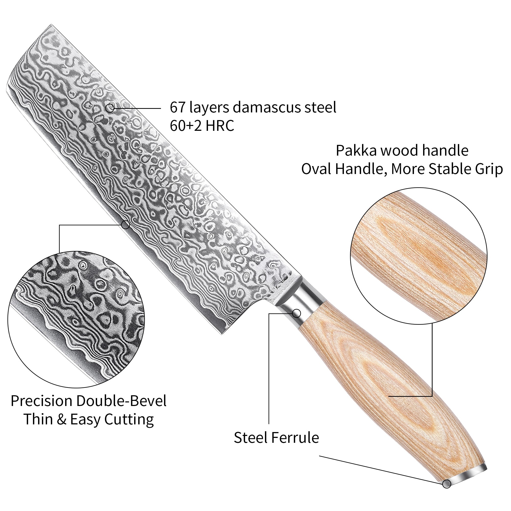 FR4 Precision Kitchen Tools Nakiri Knife 7”  67-Layer 62 HRC Damascus Steel with Pakka Wood Handle for Professional Cooking