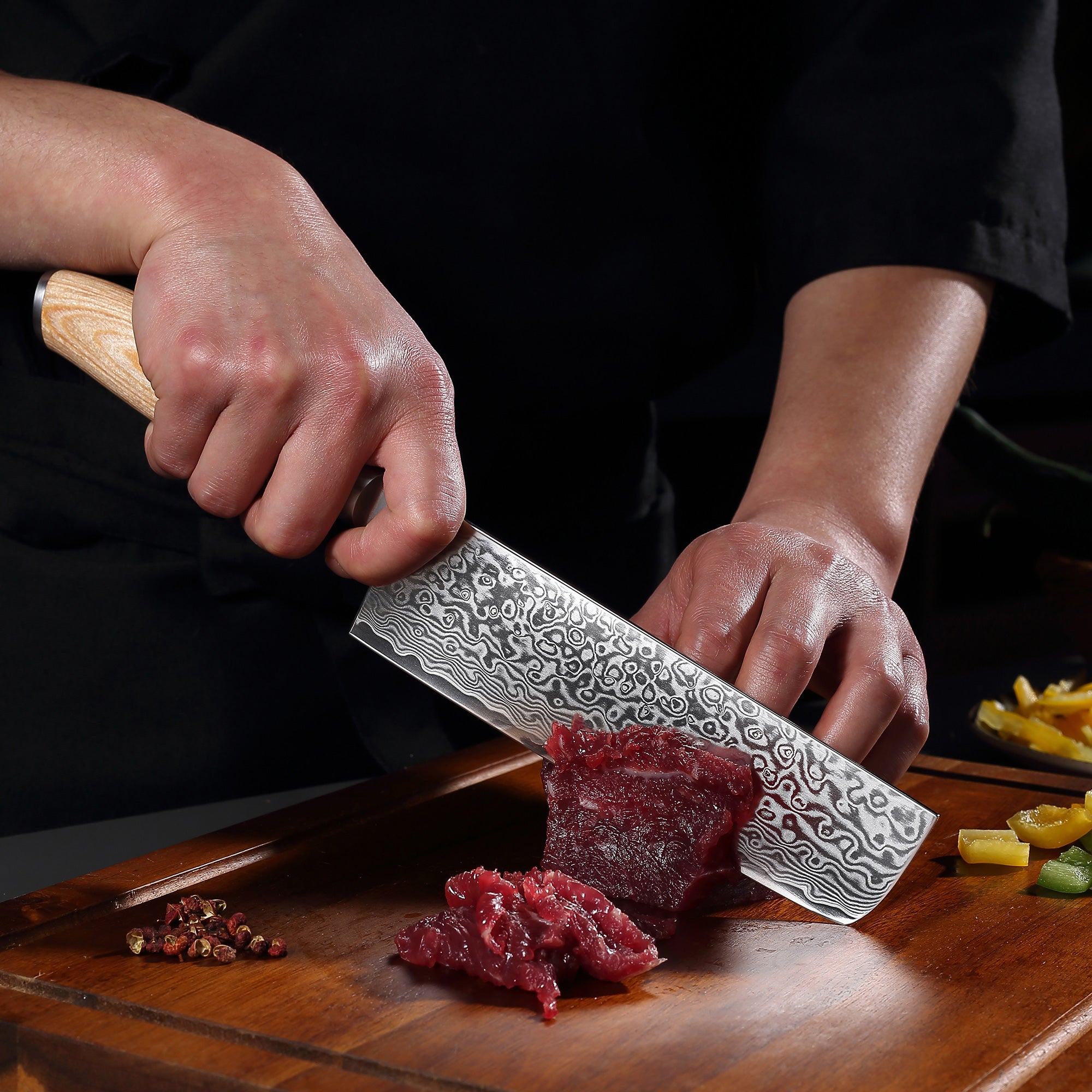 FR4 Precision Kitchen Tools Nakiri Knife 7”  67-Layer 62 HRC Damascus Steel with Pakka Wood Handle for Professional Cooking