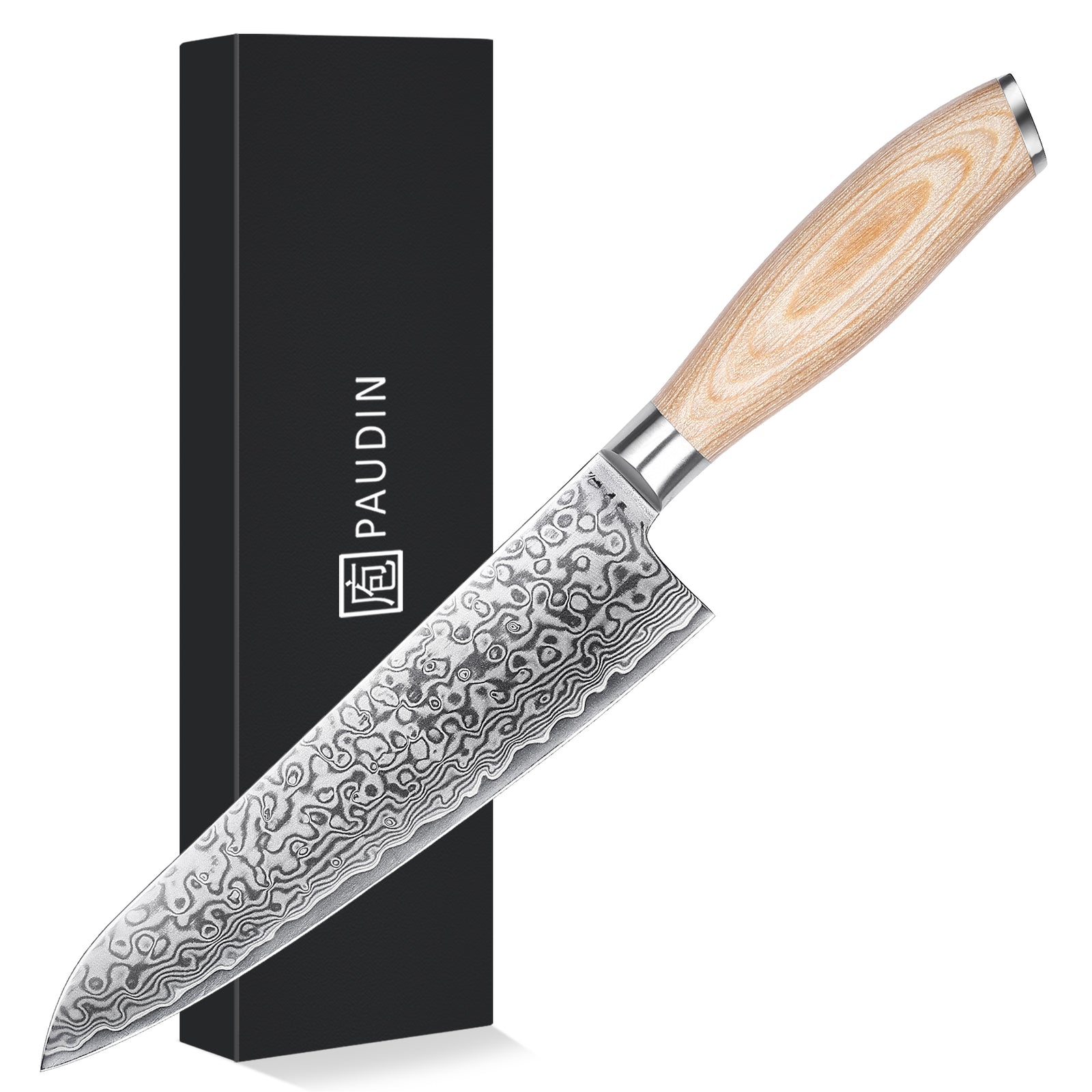 FR1 Precision Kitchen Tools Chef Knife 8”  67-Layer 62 HRC Damascus Steel with Pakka Wood Handle for Professional Cooking