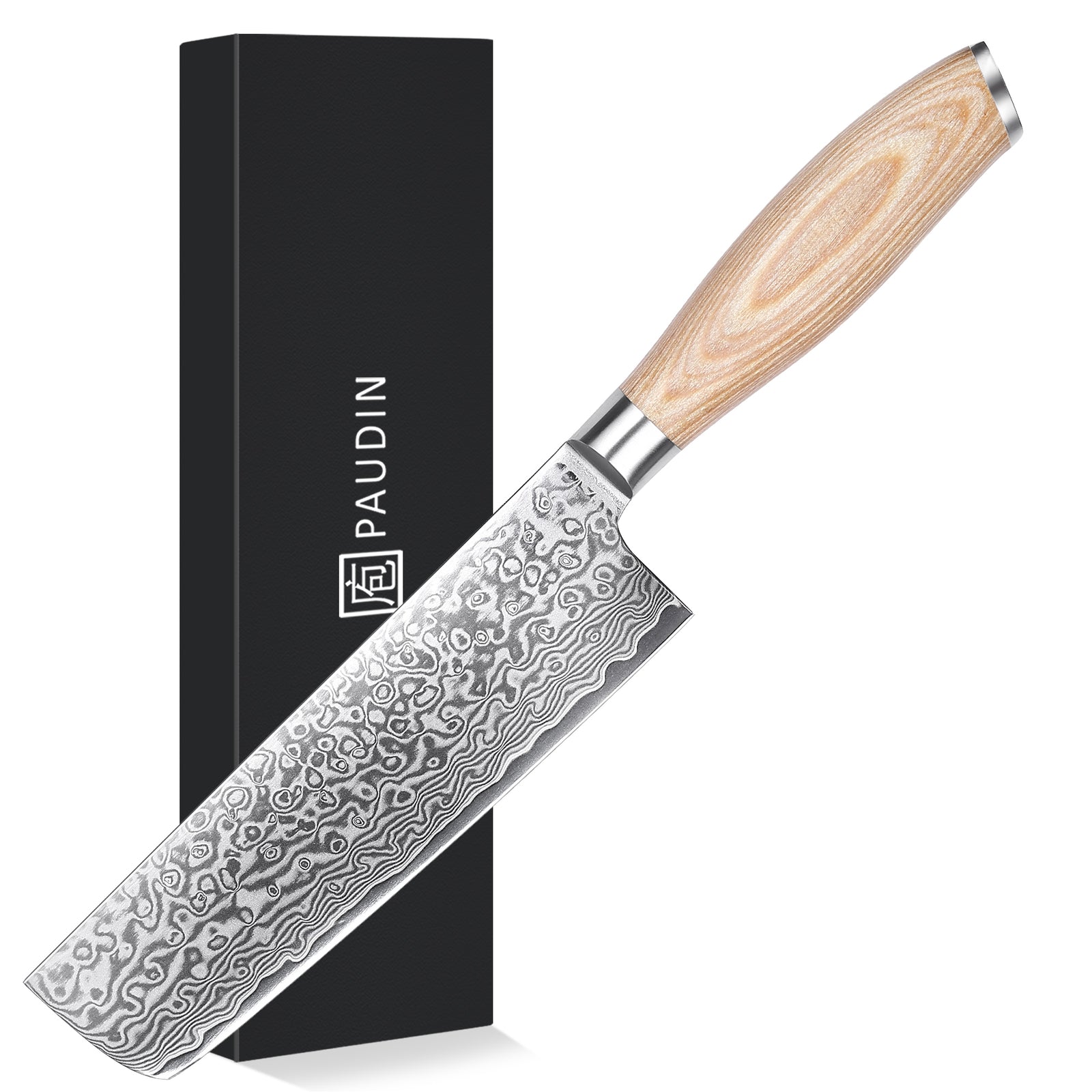 FR4 Precision Kitchen Tools Nakiri Knife 7”  67-Layer 62 HRC Damascus Steel with Pakka Wood Handle for Professional Cooking