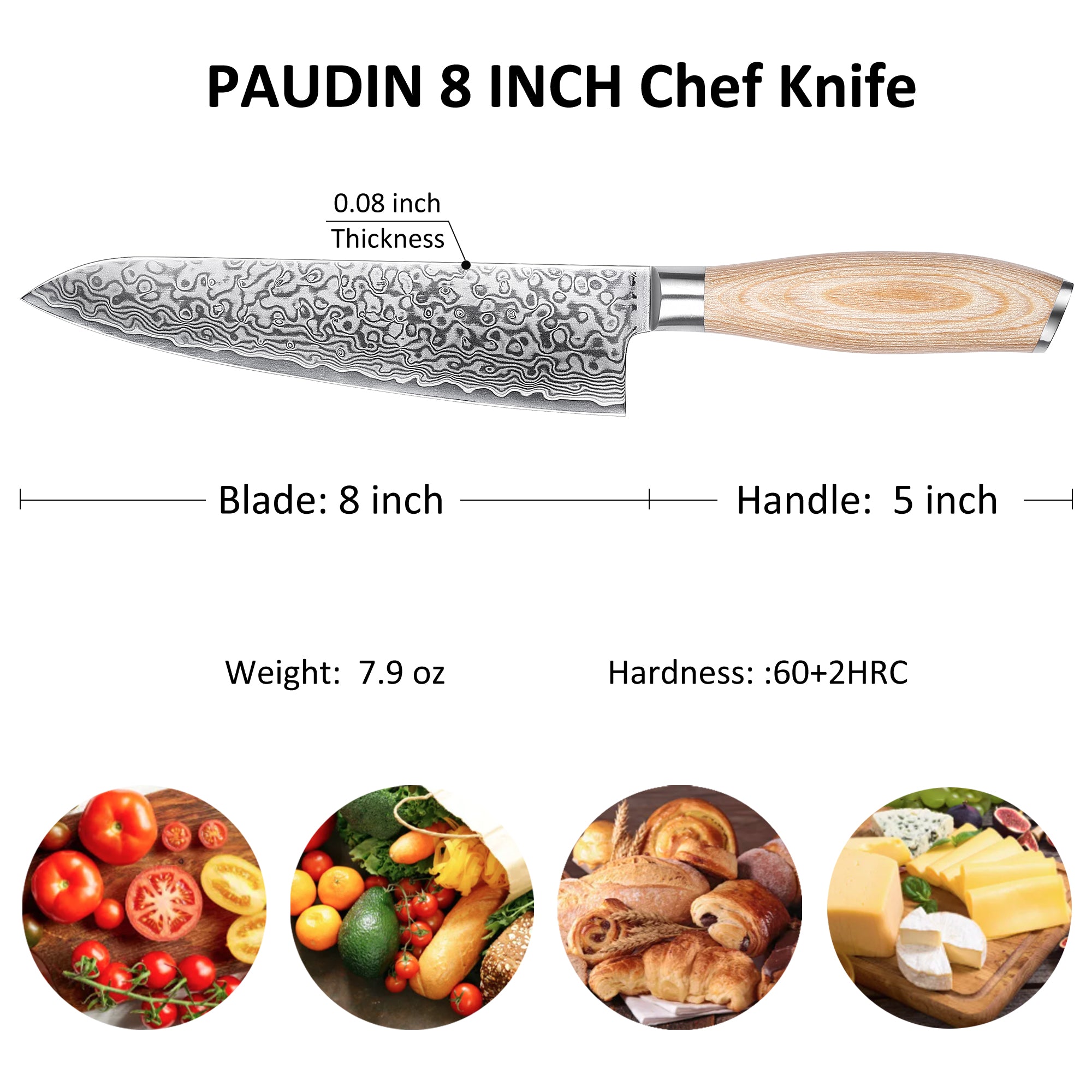 FR1 Precision Kitchen Tools Chef Knife 8”  67-Layer 62 HRC Damascus Steel with Pakka Wood Handle for Professional Cooking
