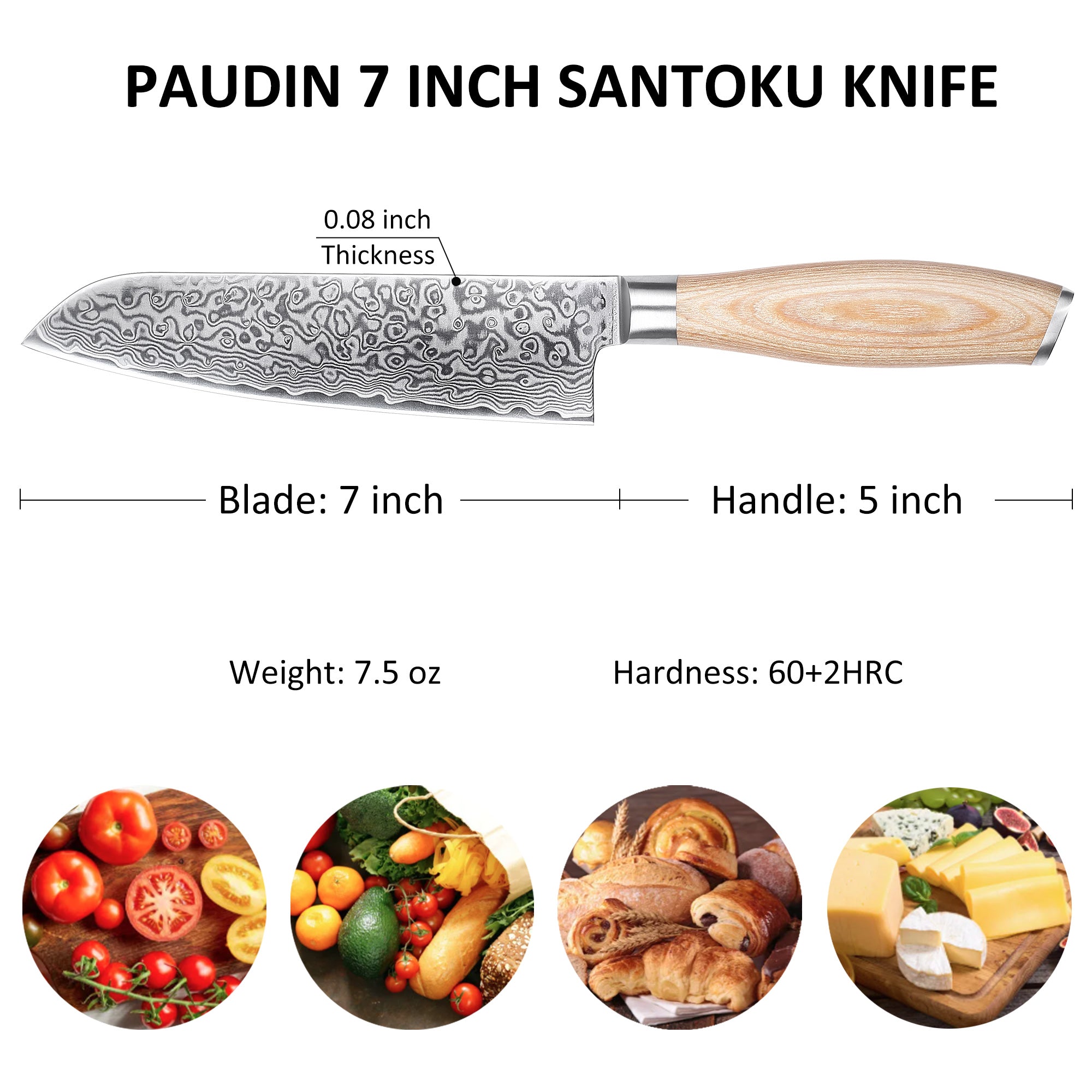 FR3 Precision Kitchen Tools Santoku knife 7"  67-Layer 62 HRC Damascus Steel with Pakka Wood Handle for Professional Cooking