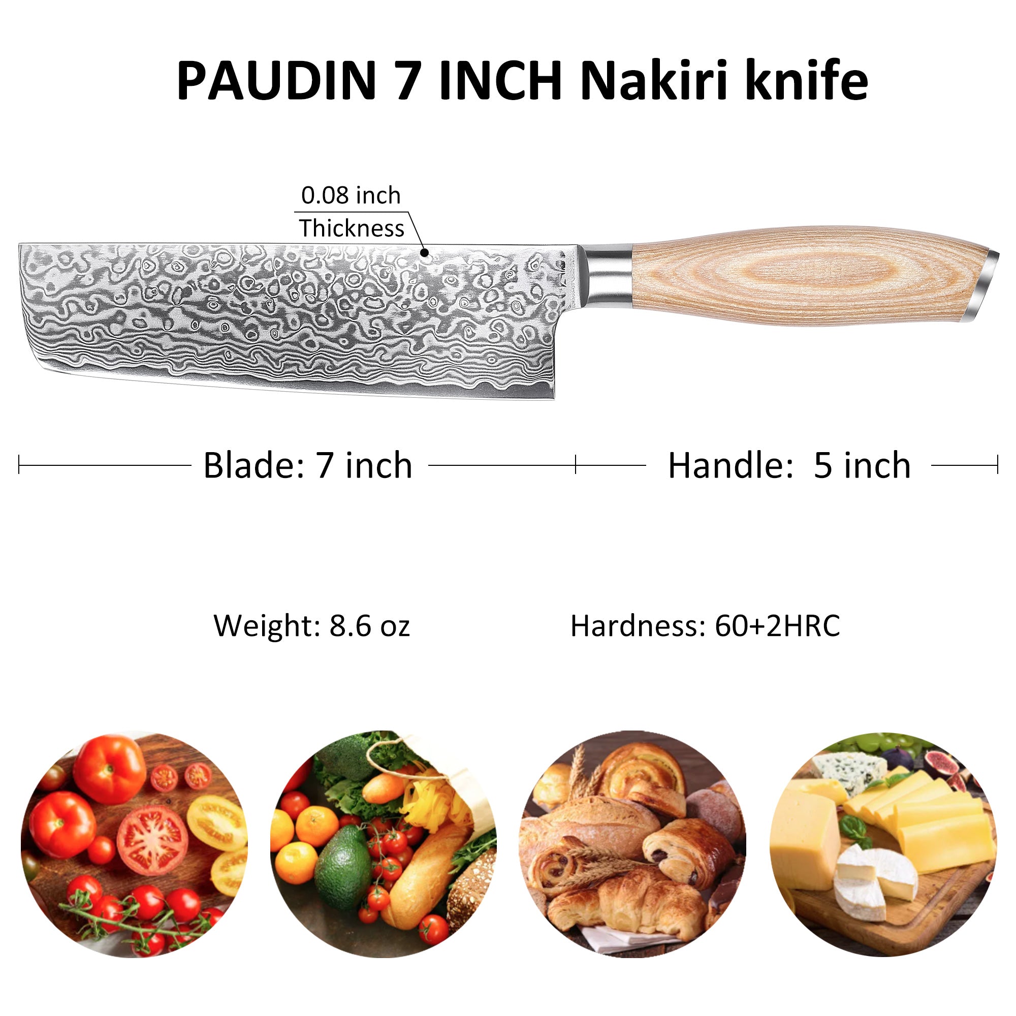 FR4 Precision Kitchen Tools Nakiri Knife 7”  67-Layer 62 HRC Damascus Steel with Pakka Wood Handle for Professional Cooking