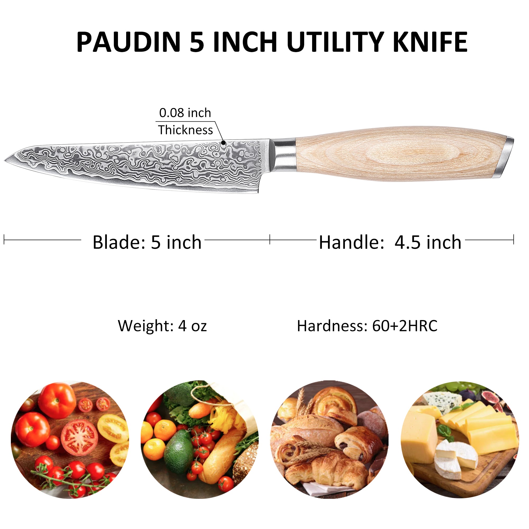 FR5 Precision Kitchen Tools Utility Knife 5”  67-Layer 62 HRC Damascus Steel with Pakka Wood Handle for Professional Cooking