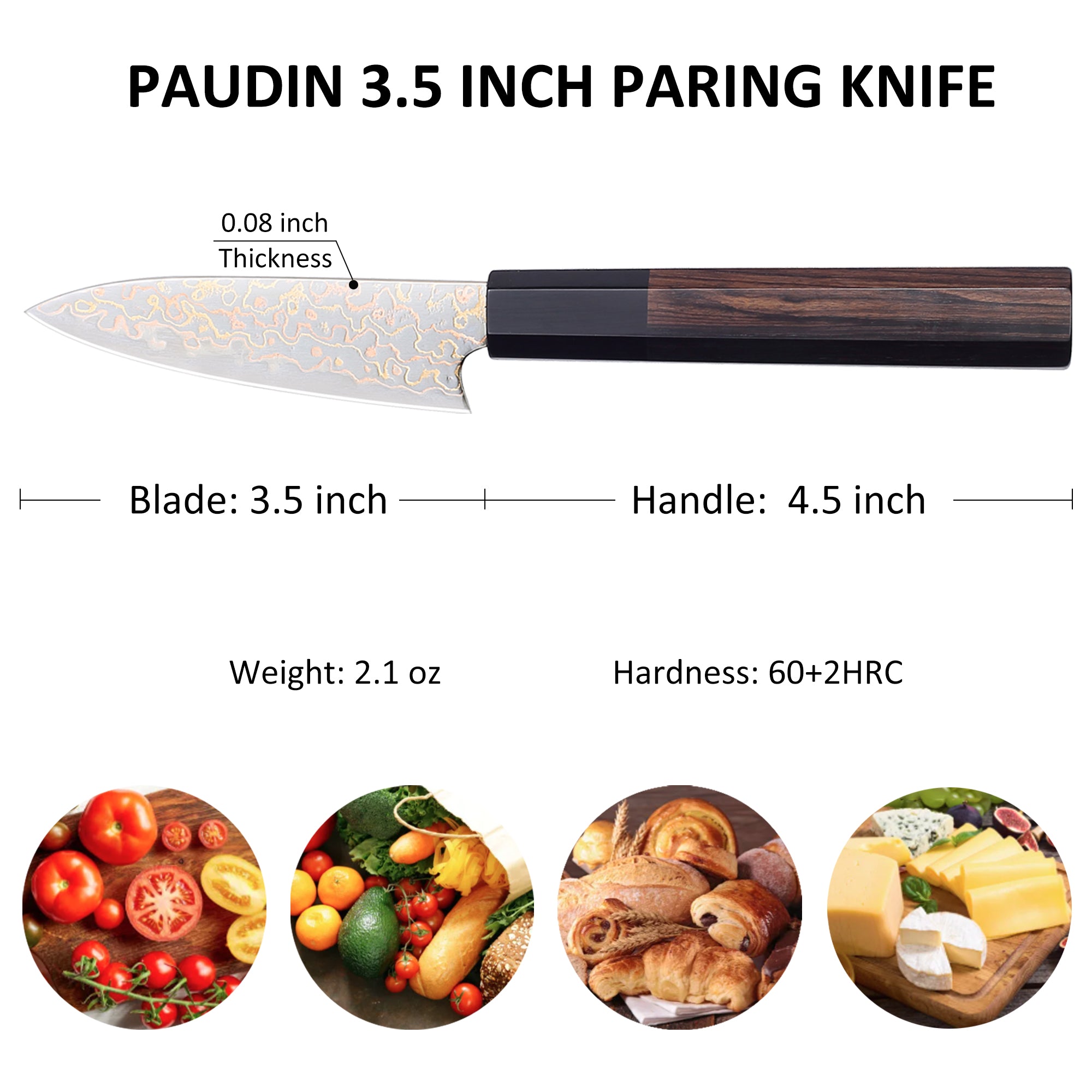 Paudin NewTC6 3.5inch Knife 67 Layers Copper Damascus Steel Sharp Kitchen Fruit Paring Knives High Quality Wooden Ebony Handle
