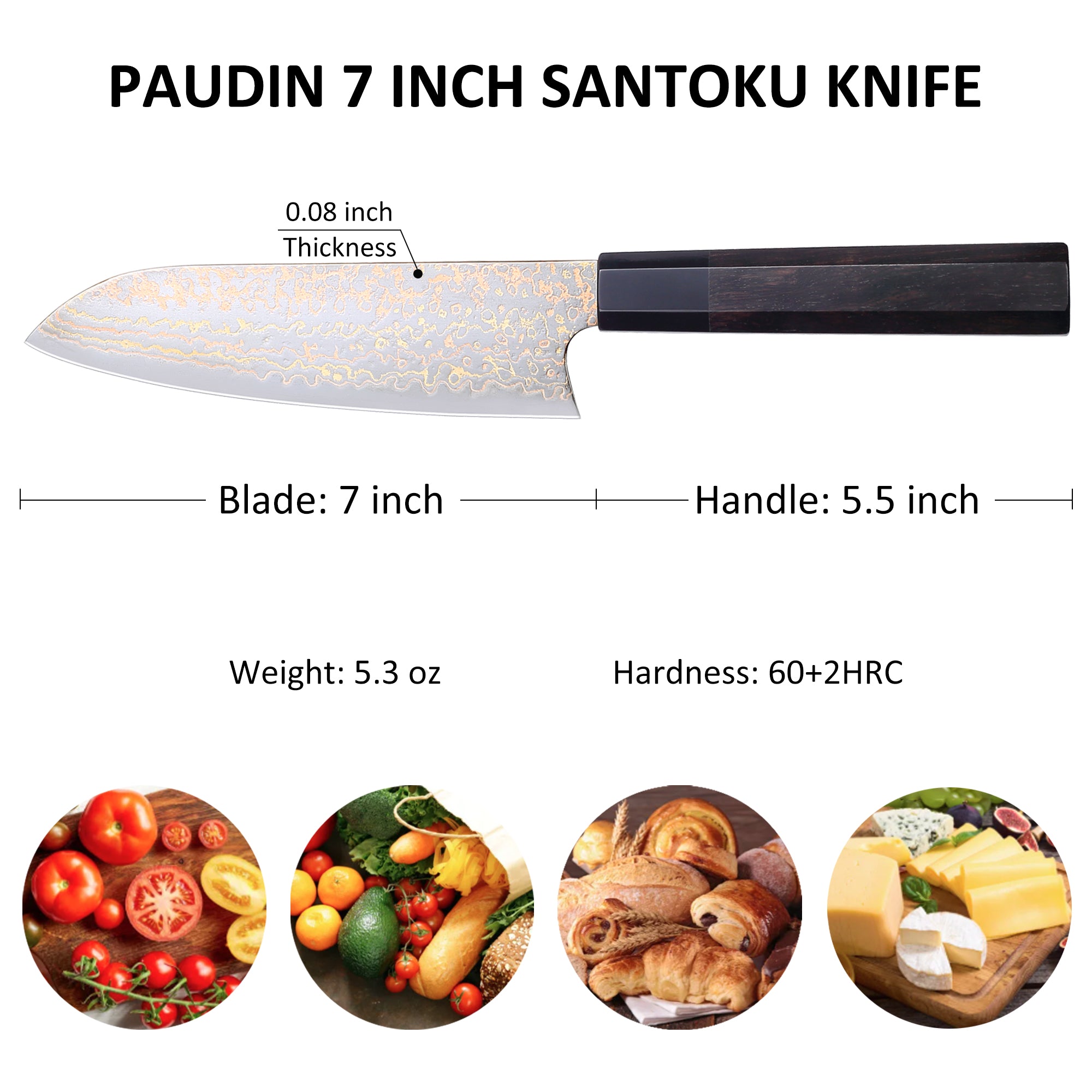 Paudin New TC4 Santoku Knife 7"inch Knife 67 Layers Copper Damascus Steel Sharp Kitchen Santoku Knife Knife Knives High Quality Wooden Ebony Handle