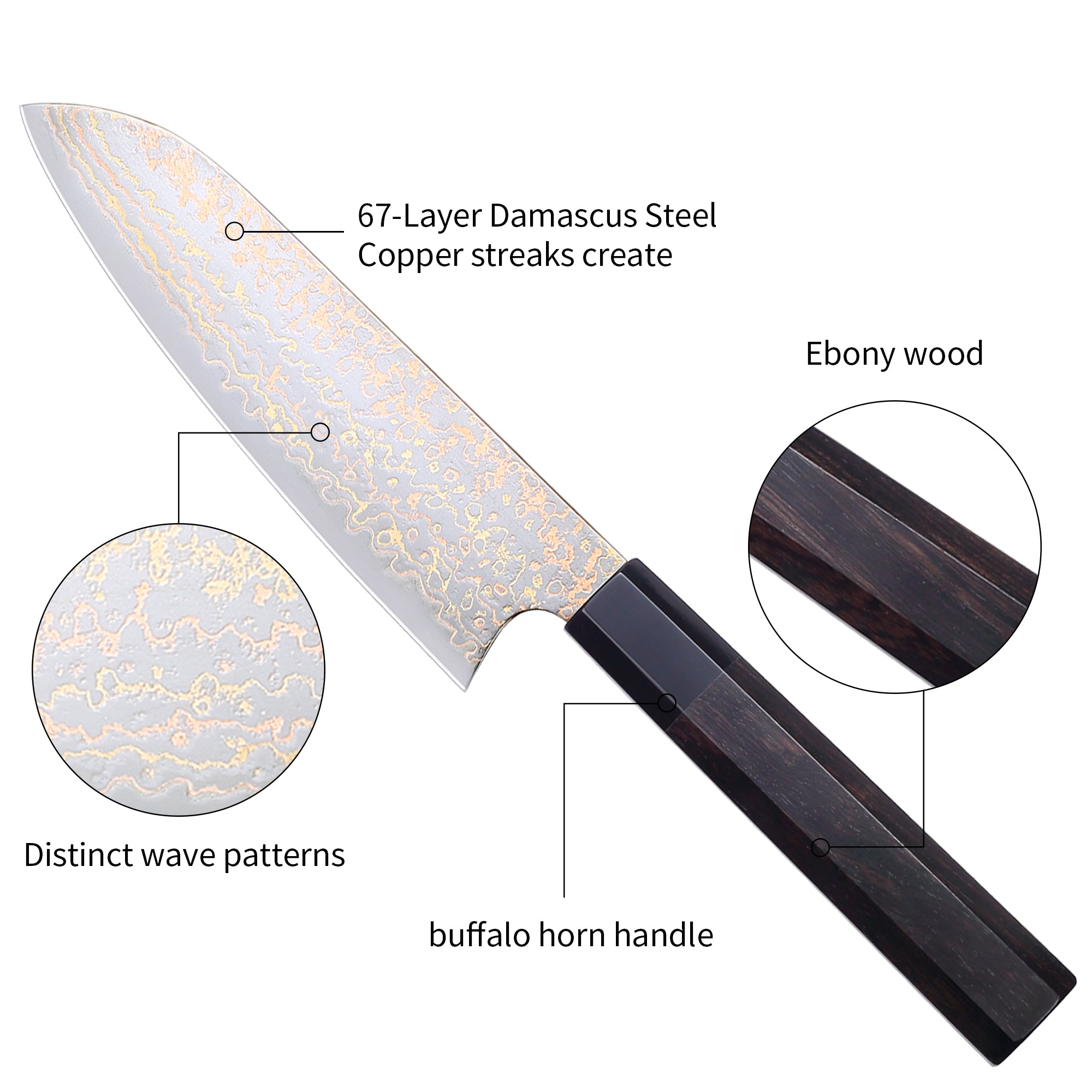 Paudin New TC4 Santoku Knife 7"inch Knife 67 Layers Copper Damascus Steel Sharp Kitchen Santoku Knife Knife Knives High Quality Wooden Ebony Handle