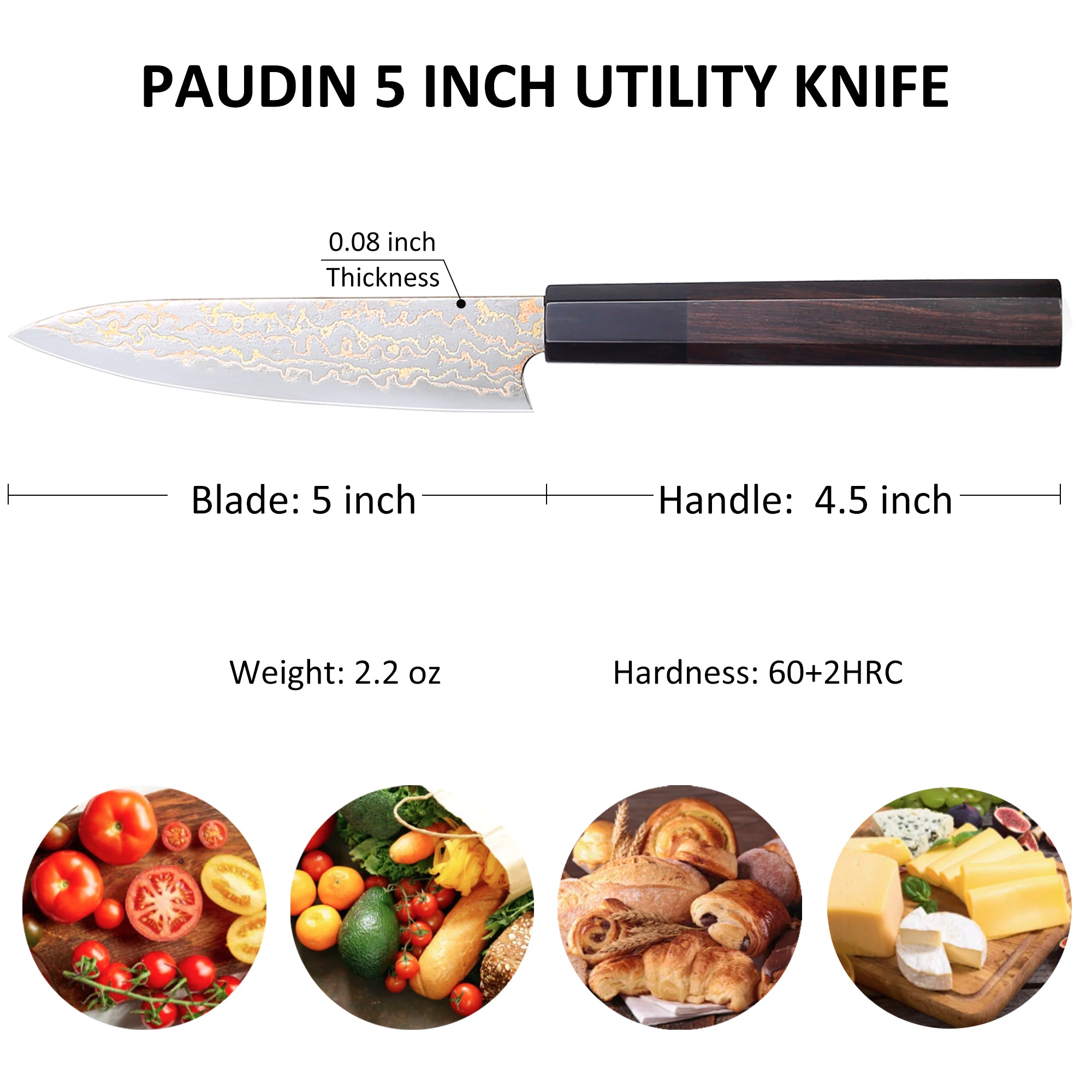 Paudin New TC5 Utility Knife 5"inch Knife 67 Layers Copper Damascus Steel Sharp Kitchen Utility Knife Knives High Quality Wooden Ebony Handle