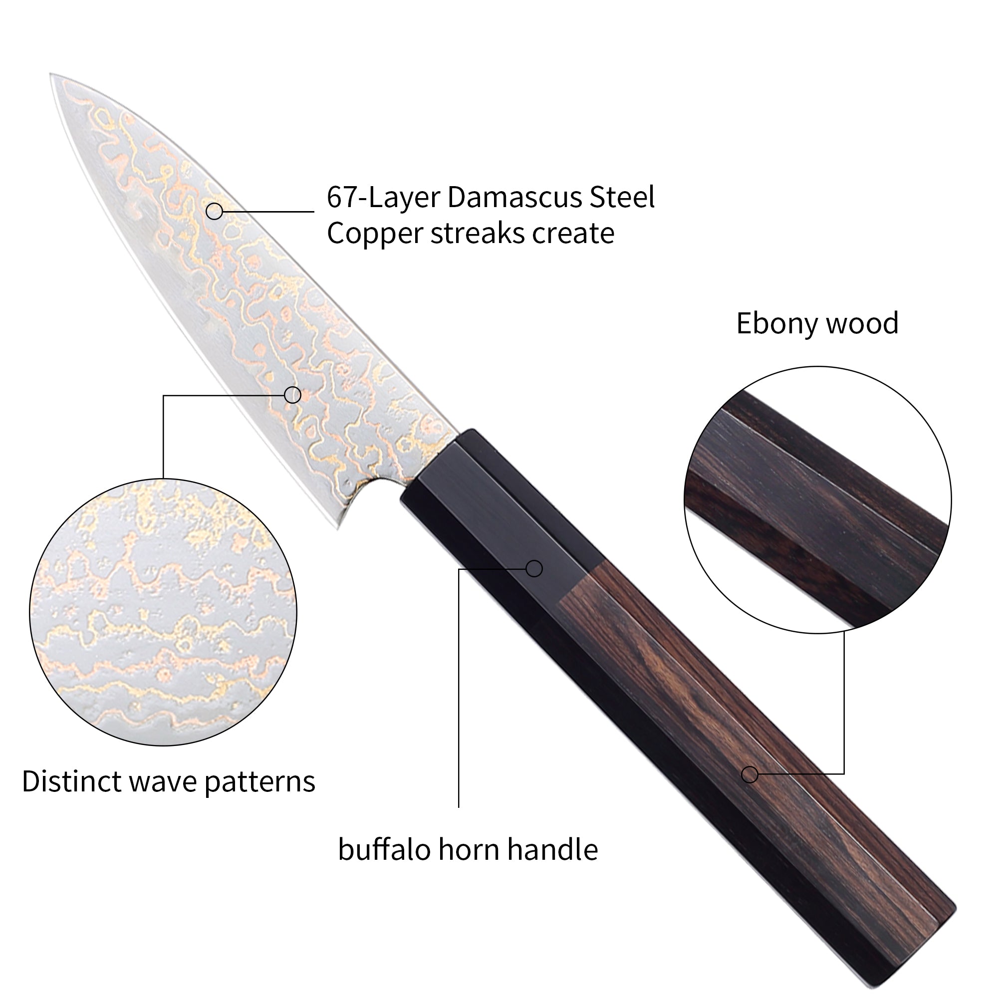 Paudin NewTC6 3.5inch Knife 67 Layers Copper Damascus Steel Sharp Kitchen Fruit Paring Knives High Quality Wooden Ebony Handle