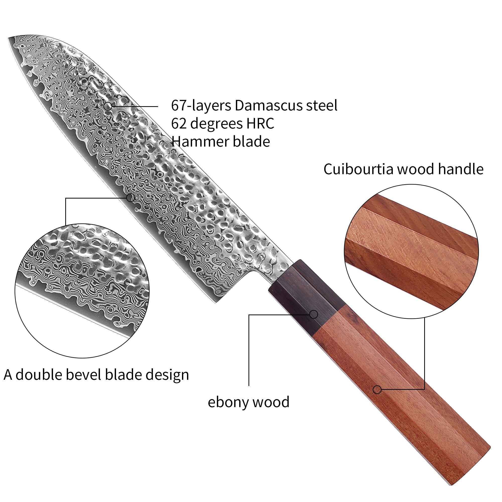Premium Culbourtia Wood Handle Sharp 67 Layer Damascus Steel 62 HRC  Santoku Knife 7" TL7 kitchen knife