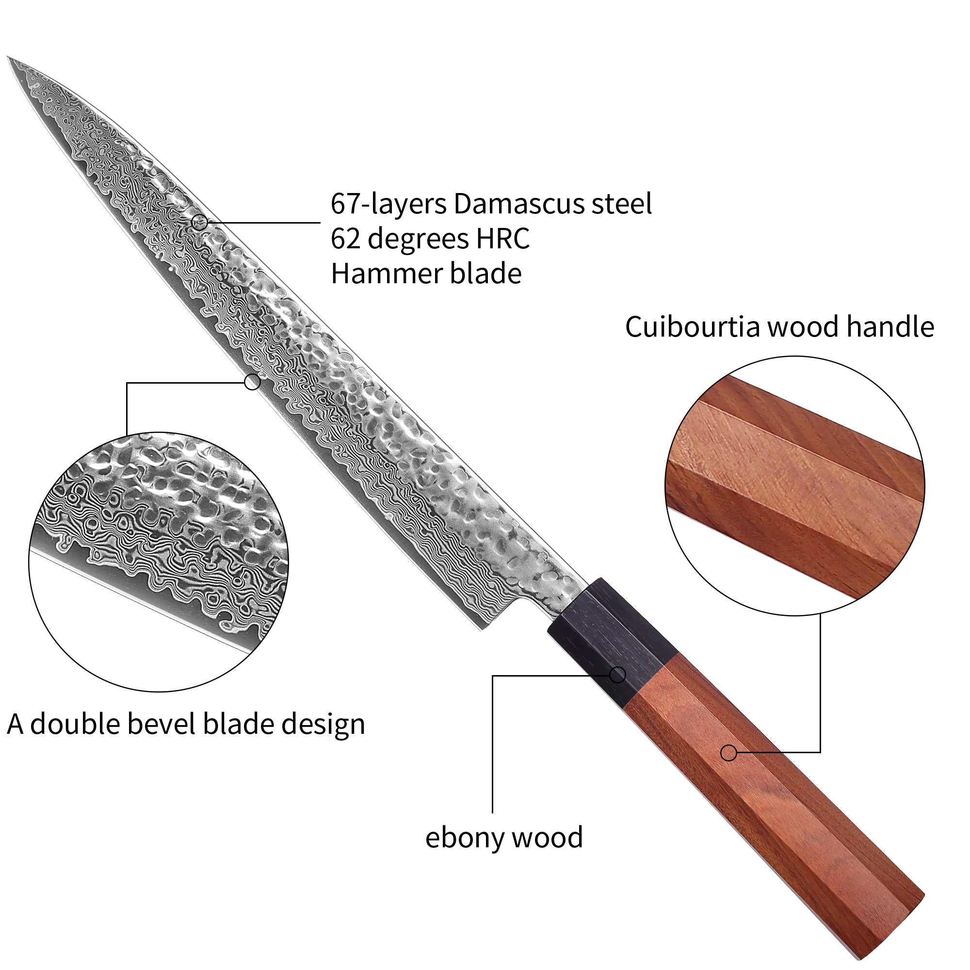 Premium Culbourtia Wood Handle Sharp 67 Layer Damascus Steel 62 HRC Sashimi knife 10" TL9 kitchen knife