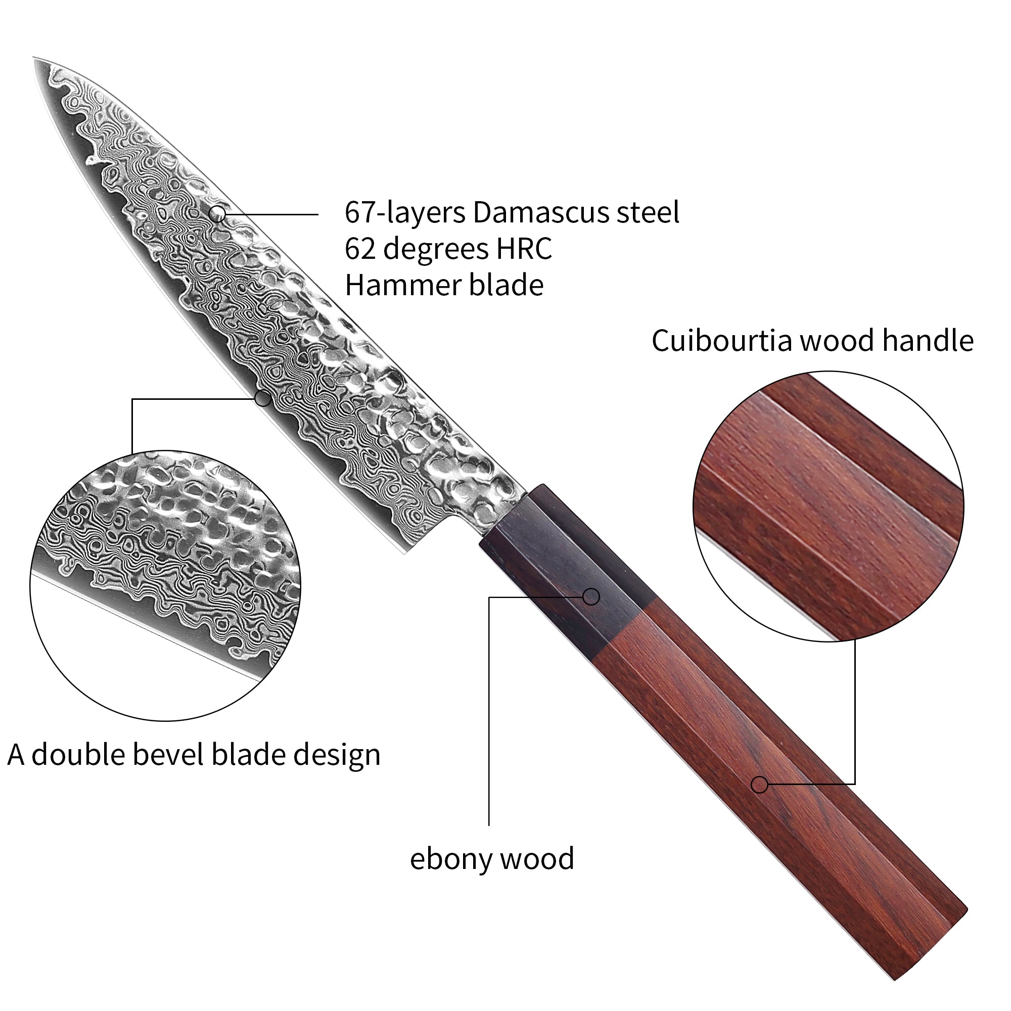 Premium Culbourtia Wood Handle Sharp 67 Layer Damascus Steel 62 HRC Utility Knife 5" TL7 kitchen knife