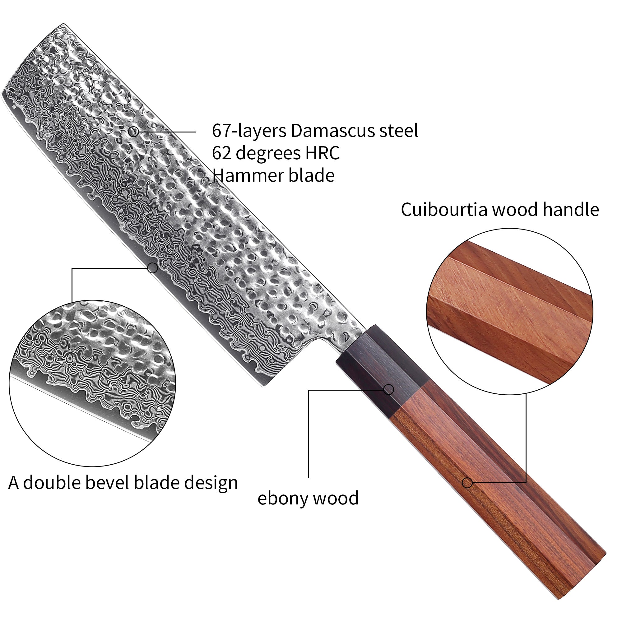 Premium Culbourtia Wood Handle Sharp 67 Layer Damascus Steel 62 HRC Nakiri Knife 7" TL6 kitchen knife