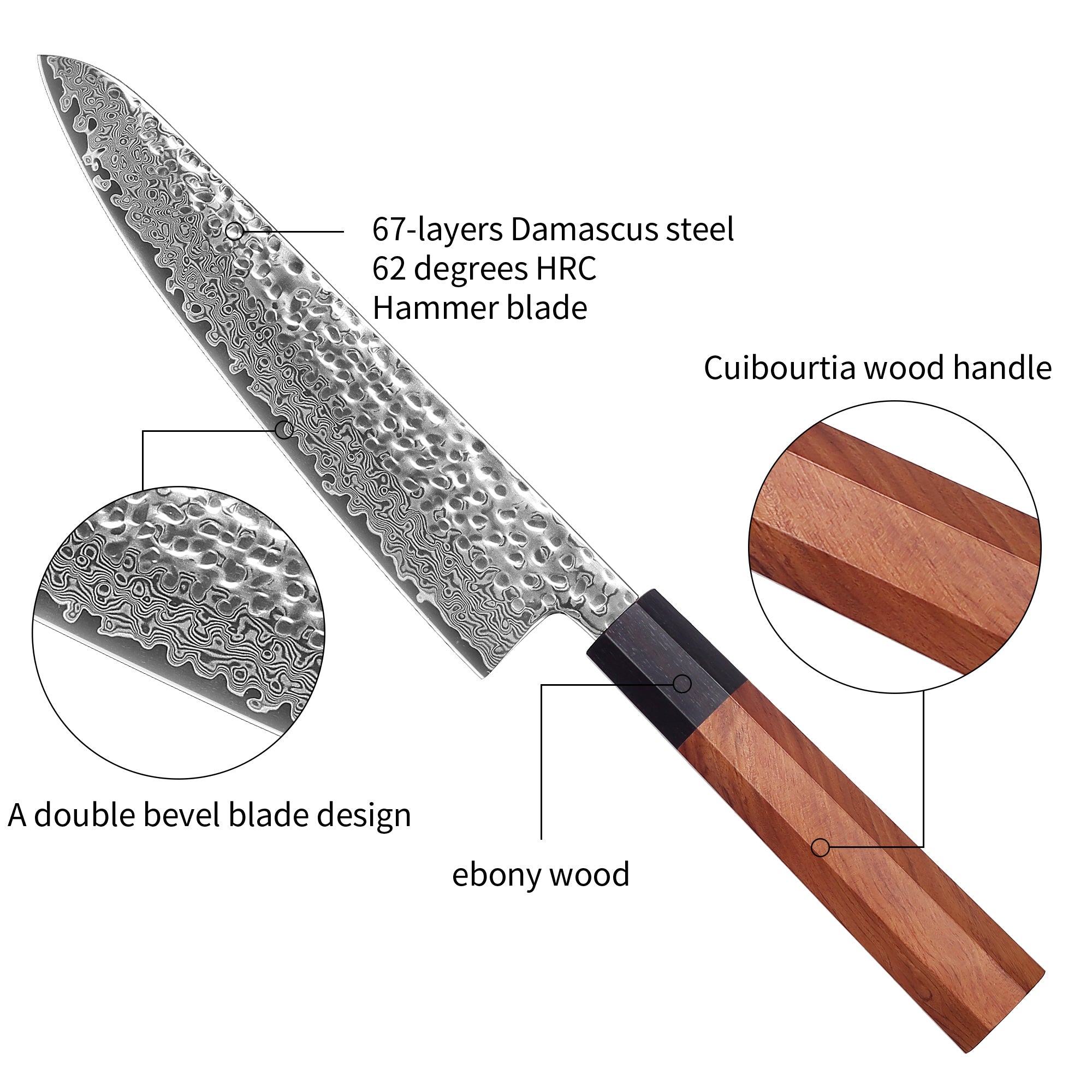 Premium Culbourtia Wood Handle Sharp 67 Layer Damascus Steel 62 HRC  8 inch Chef Knives TL1 kitchen knife